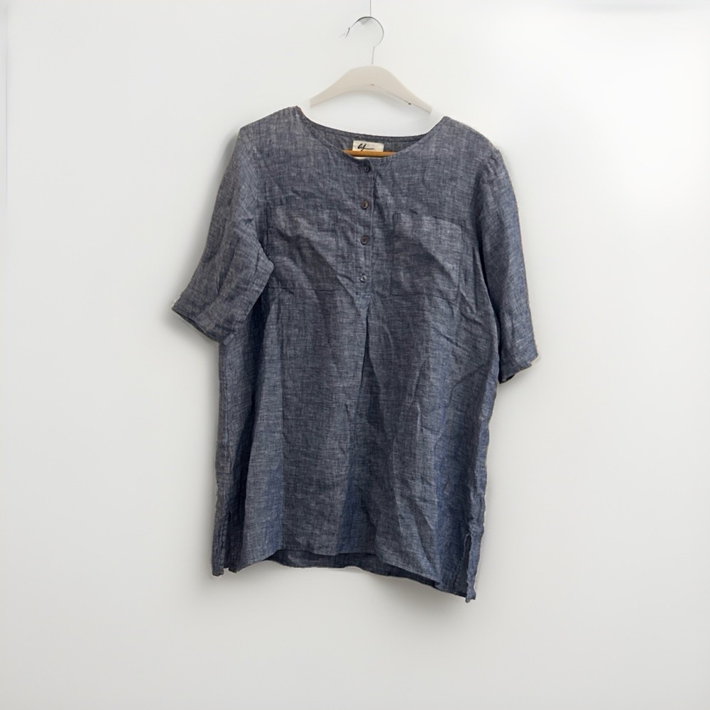 Andrea Jovine‎ Women's Size L Short Sleeve 1/4 Button Neck Blue Linen Tunic Top
